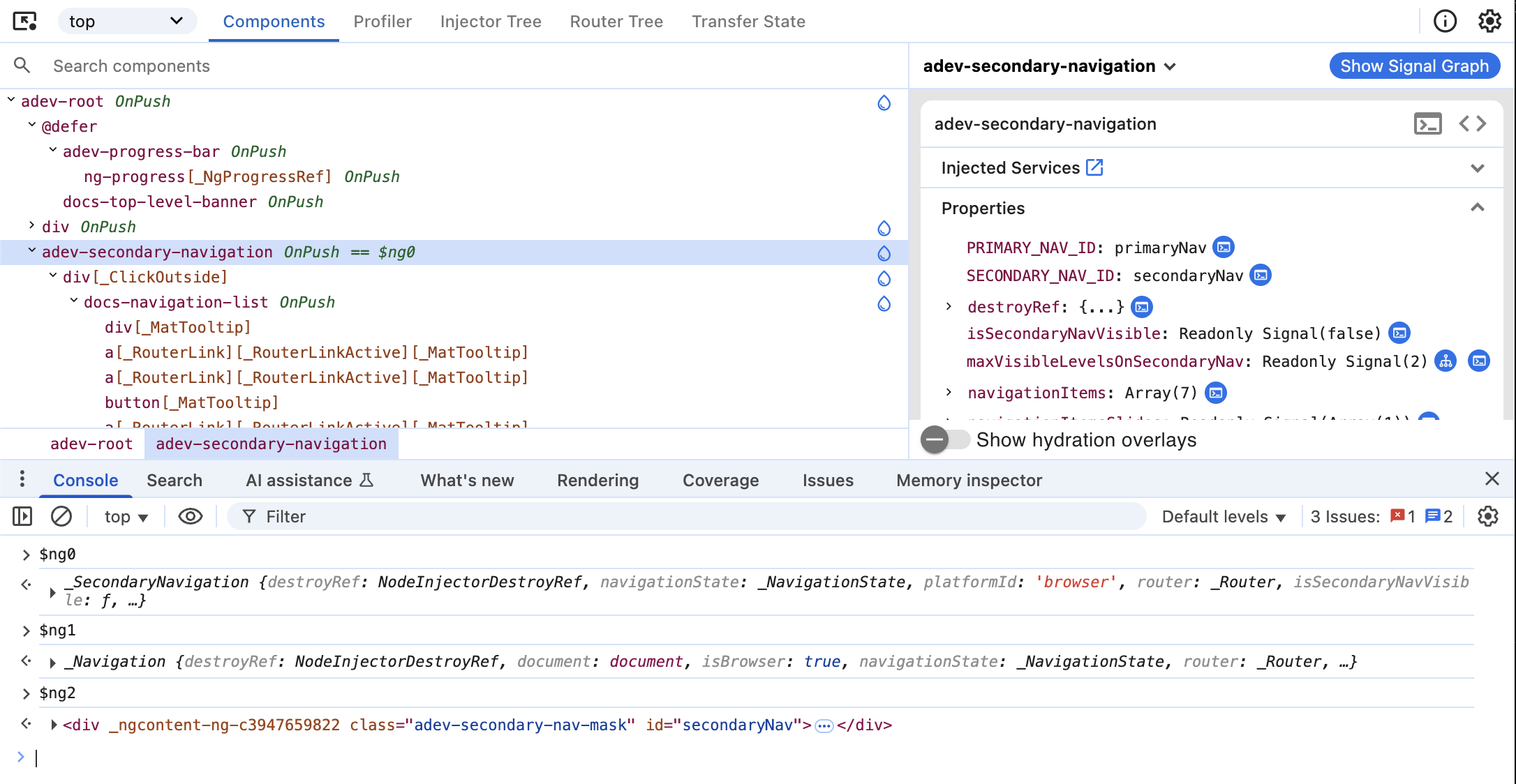 ブラウザコンソールの下にある「Components」タブのスクリーンショット。コンソールで、ユーザーは3つのコマンド、`$ng0`、`$ng1`、`$ng2`を入力して、最近選択した3つの要素を表示しています。各ステートメントの後、コンソールは異なるコンポーネント参照を出力します。