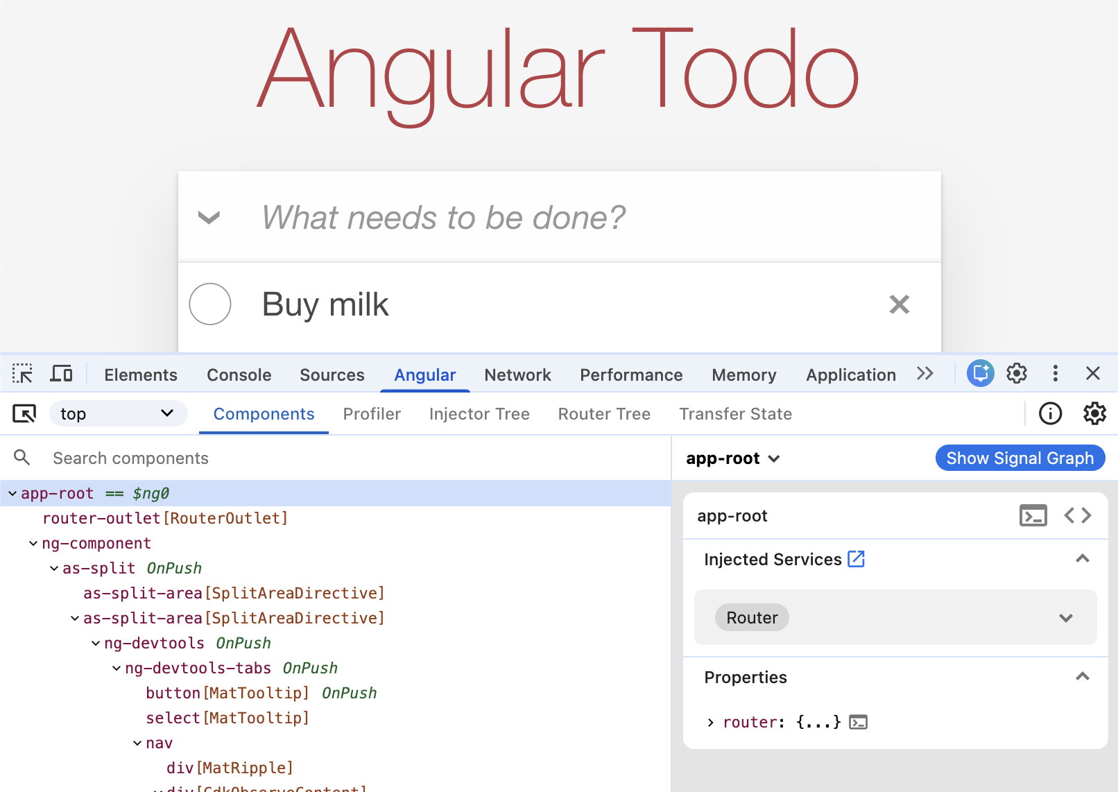 アプリケーションのコンポーネントツリーを示すAngular DevToolsの概要。