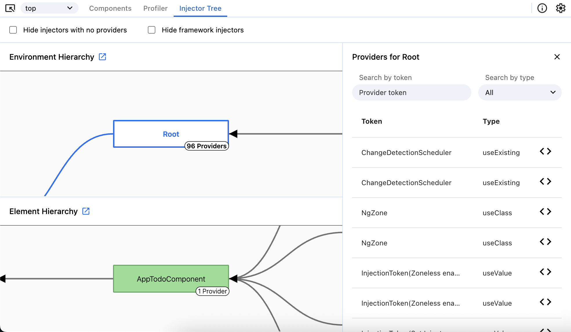 インジェクタが選択されたときにプロバイダがどのように表示されるかを示す「Profiler」タブのスクリーンショット。