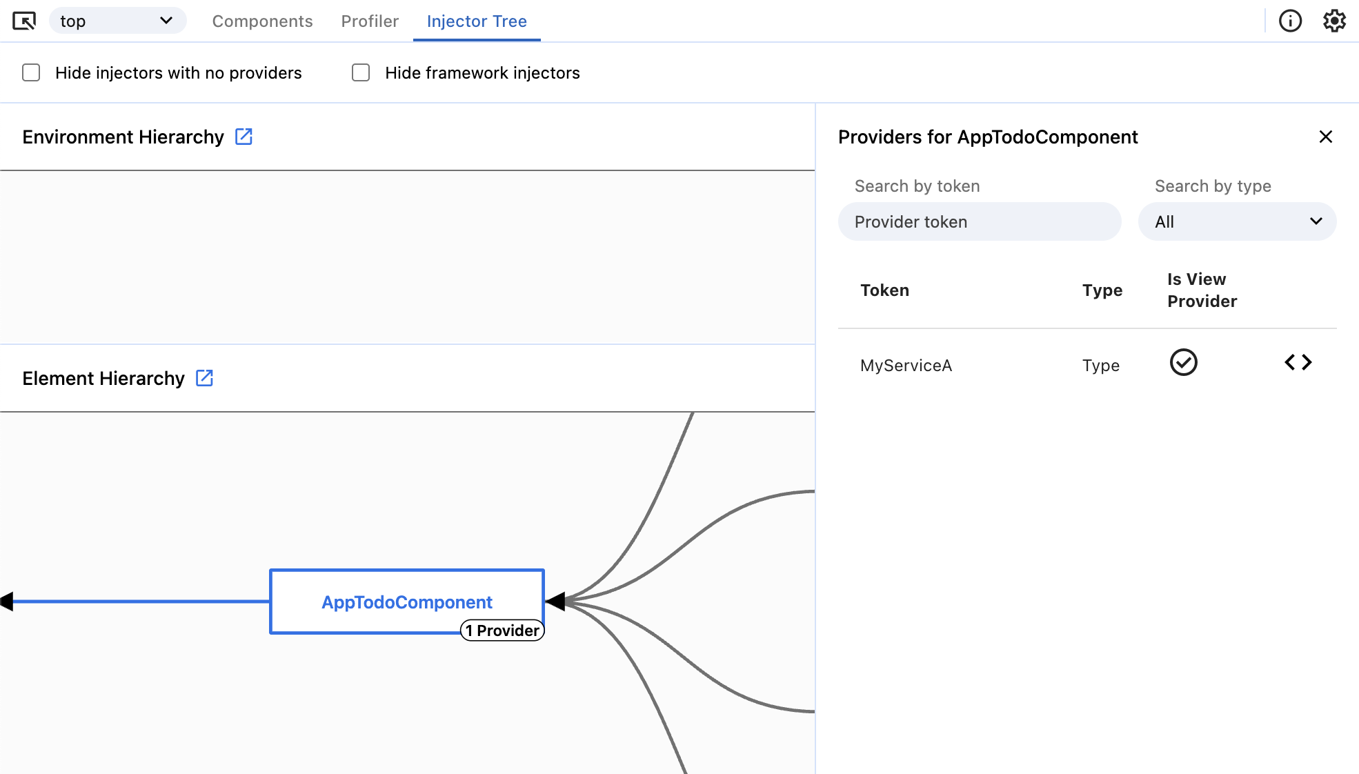 インジェクタツリーがインジェクタが選択されたときに解決パスをどのように強調表示するかを示す「Profiler」タブのスクリーンショット。