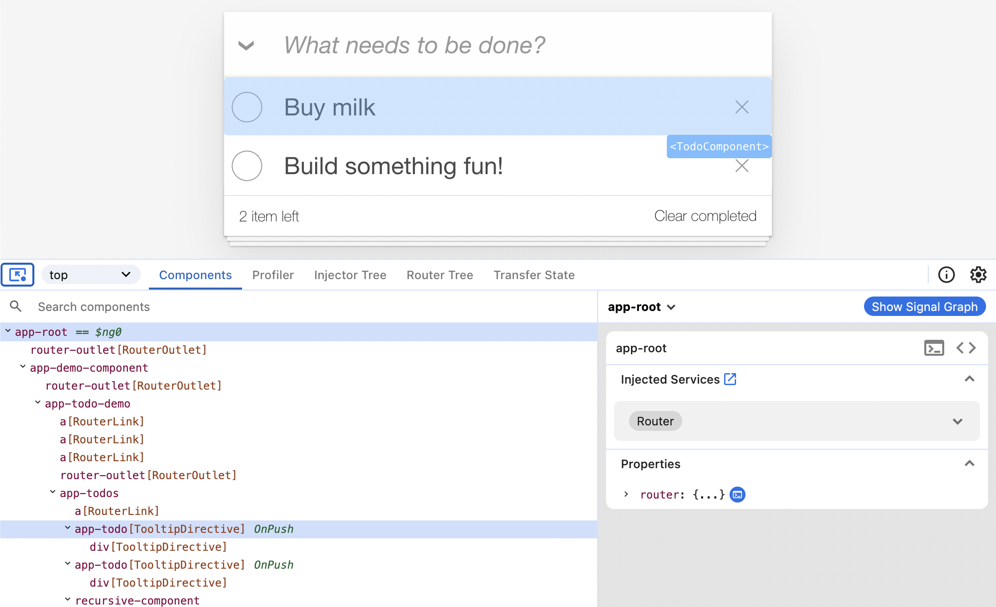 Angular todoアプリケーションが表示されている「Components」タブのスクリーンショット。Angular DevToolsの左上隅にある画面にマウスアイコンが表示されたアイコンが選択されています。マウスはAngularアプリケーションのUIのtodo要素の上にあります。要素は`<TodoComponent>`ラベルで強調表示され、隣接するツールチップに表示されます。